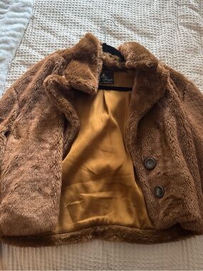 Free People Cognac Faux Fur Coat with Gold Lining